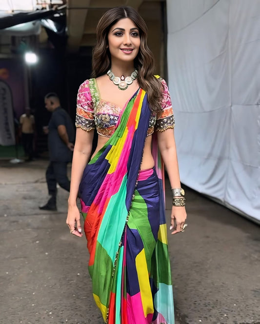 Bollywood Inspired Multicolor Chinon Silk Saree With Full Stitched Blouse