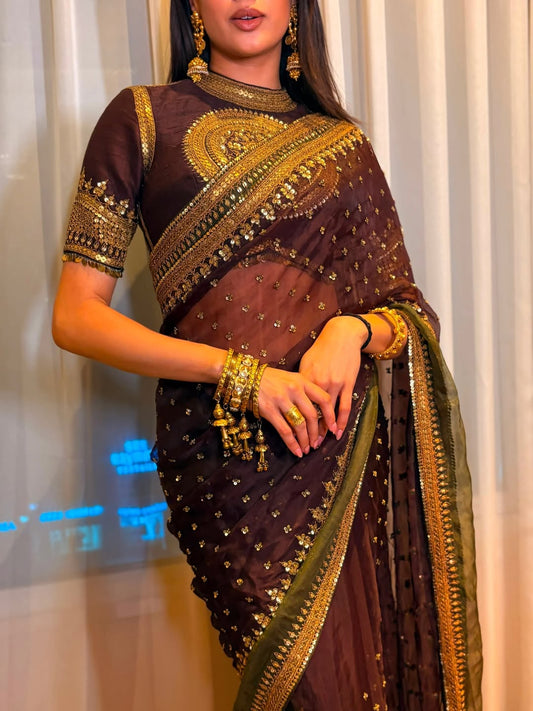 Bollywood Inspired Brown Twill Net Saree With Full Stitched Blouse