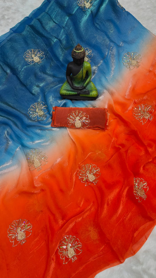 Gleaming Blue and Orange Fandy Silk Sequence Embroidery Work Saree