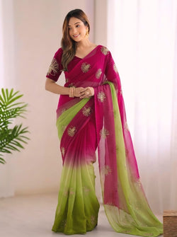 Gleaming Dark Pink and Green Fandy Silk Sequence Embroidery Work Saree