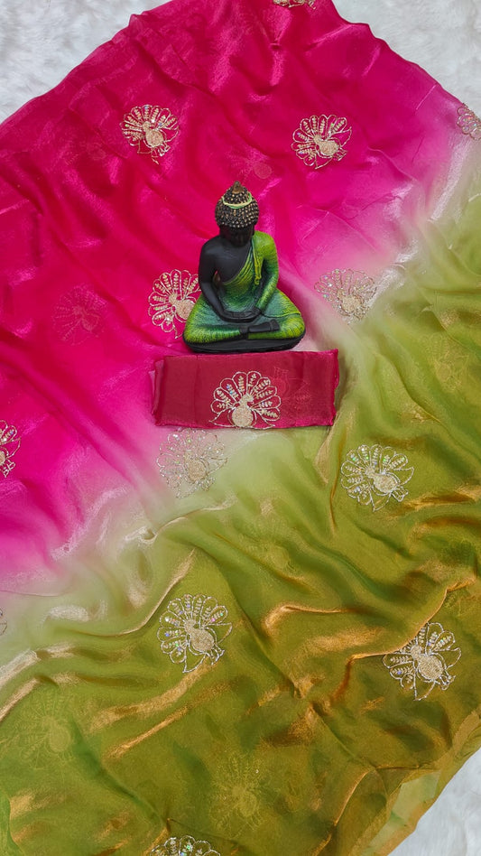 Gleaming Dark Pink and Green Fandy Silk Sequence Embroidery Work Saree