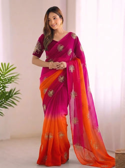 Gleaming Dark Pink and Orange Fandy Silk Sequence Embroidery Work Saree