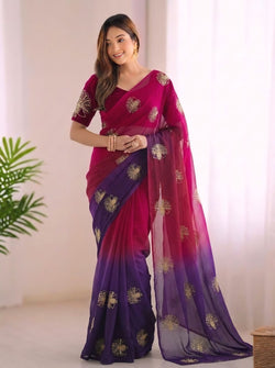 Gleaming Dark Pink and Purple Fandy Silk Sequence Embroidery Work Saree
