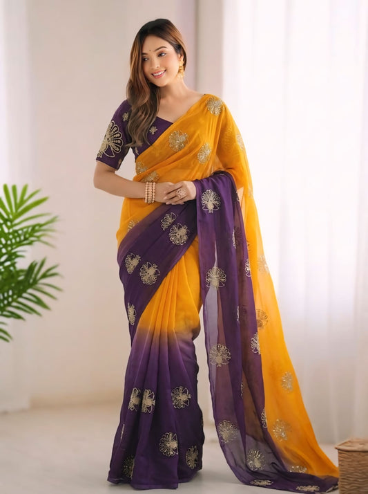 Gleaming Yellow and Purple Fandy Silk Sequence Embroidery Work Saree