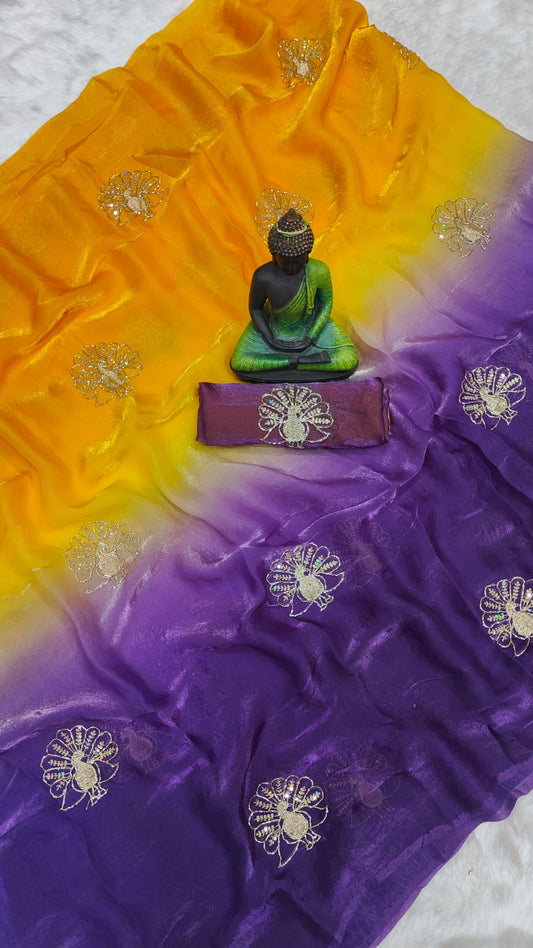 Gleaming Yellow and Purple Fandy Silk Sequence Embroidery Work Saree