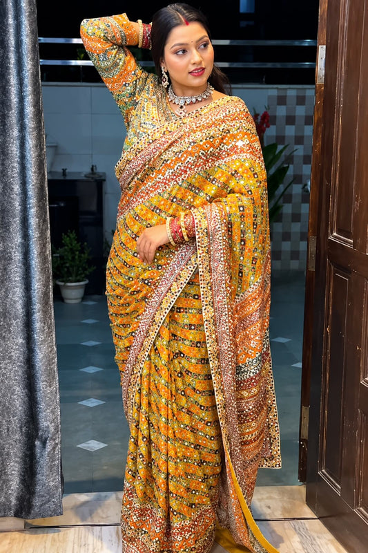 Improbable Yellow Chinon Silk Printed Mirror Work Saree