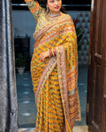 Improbable Yellow Chinon Silk Printed Mirror Work Saree