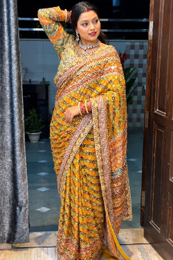 Improbable Yellow Chinon Silk Printed Mirror Work Saree