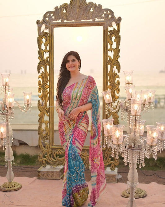 Delightful Multicolor Chinon Silk Printed Mirror Work Saree