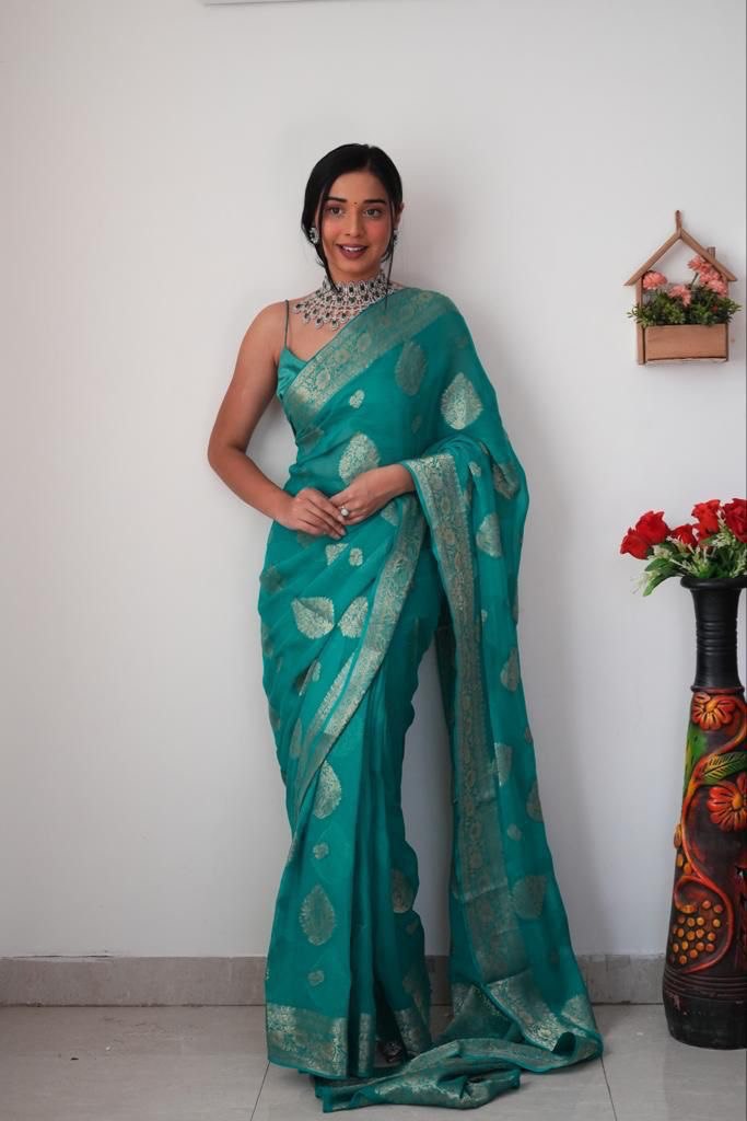 Radiant 1-Minute Ready To Wear Sea Green Cotton Silk Saree - thelotusfab