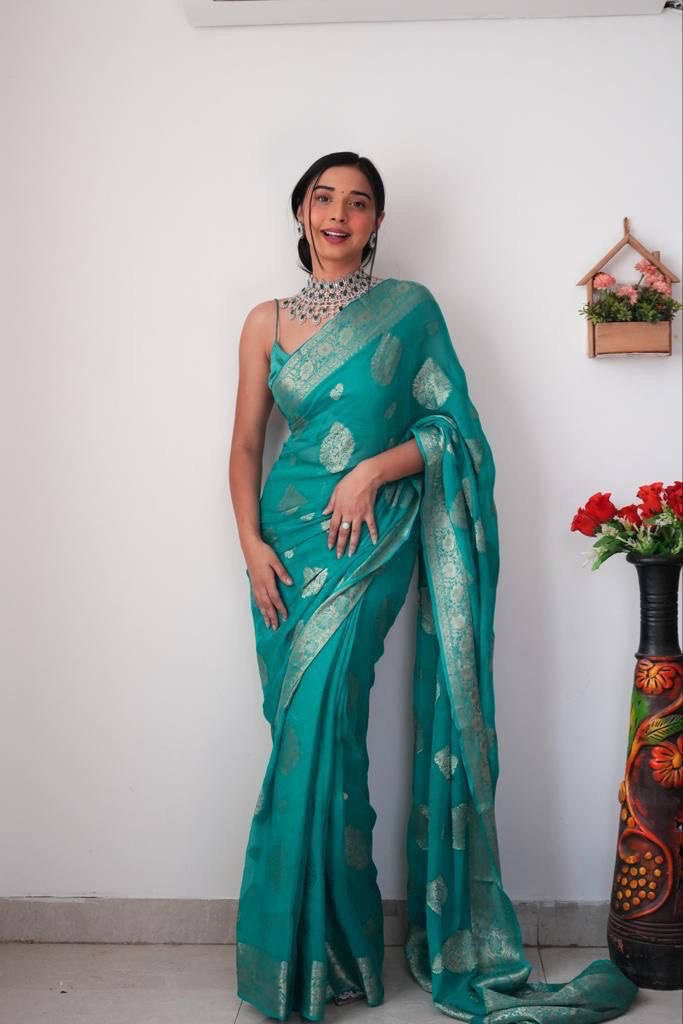 Radiant 1-Minute Ready To Wear Sea Green Cotton Silk Saree - thelotusfab