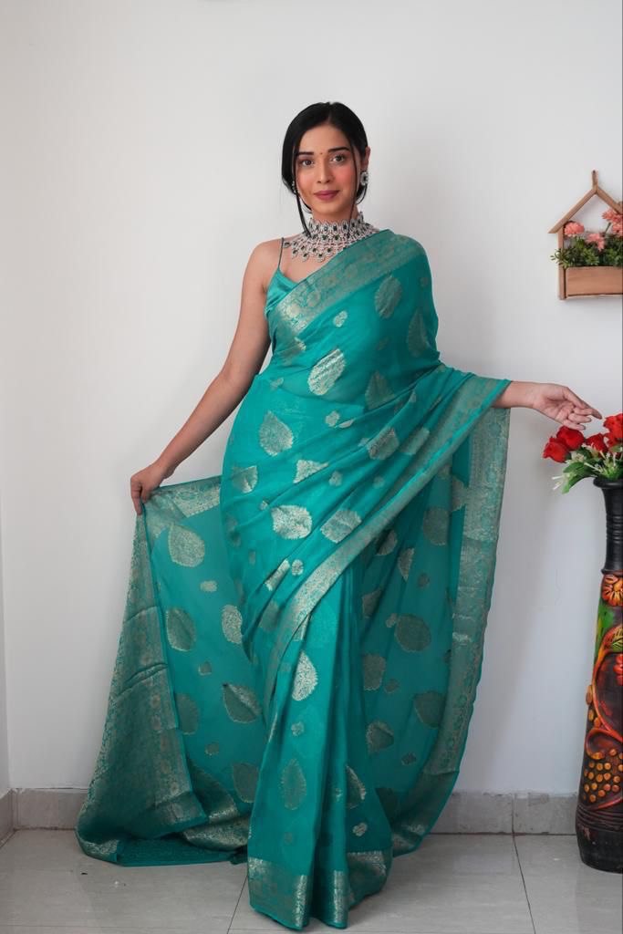 Radiant 1-Minute Ready To Wear Sea Green Cotton Silk Saree - thelotusfab