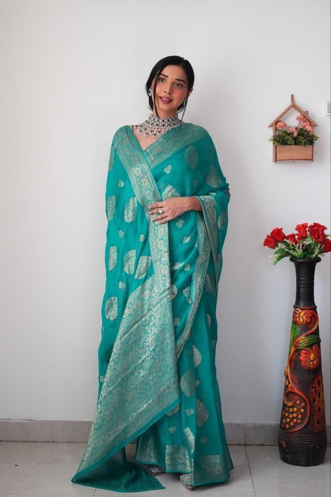 Radiant 1-Minute Ready To Wear Sea Green Cotton Silk Saree - thelotusfab