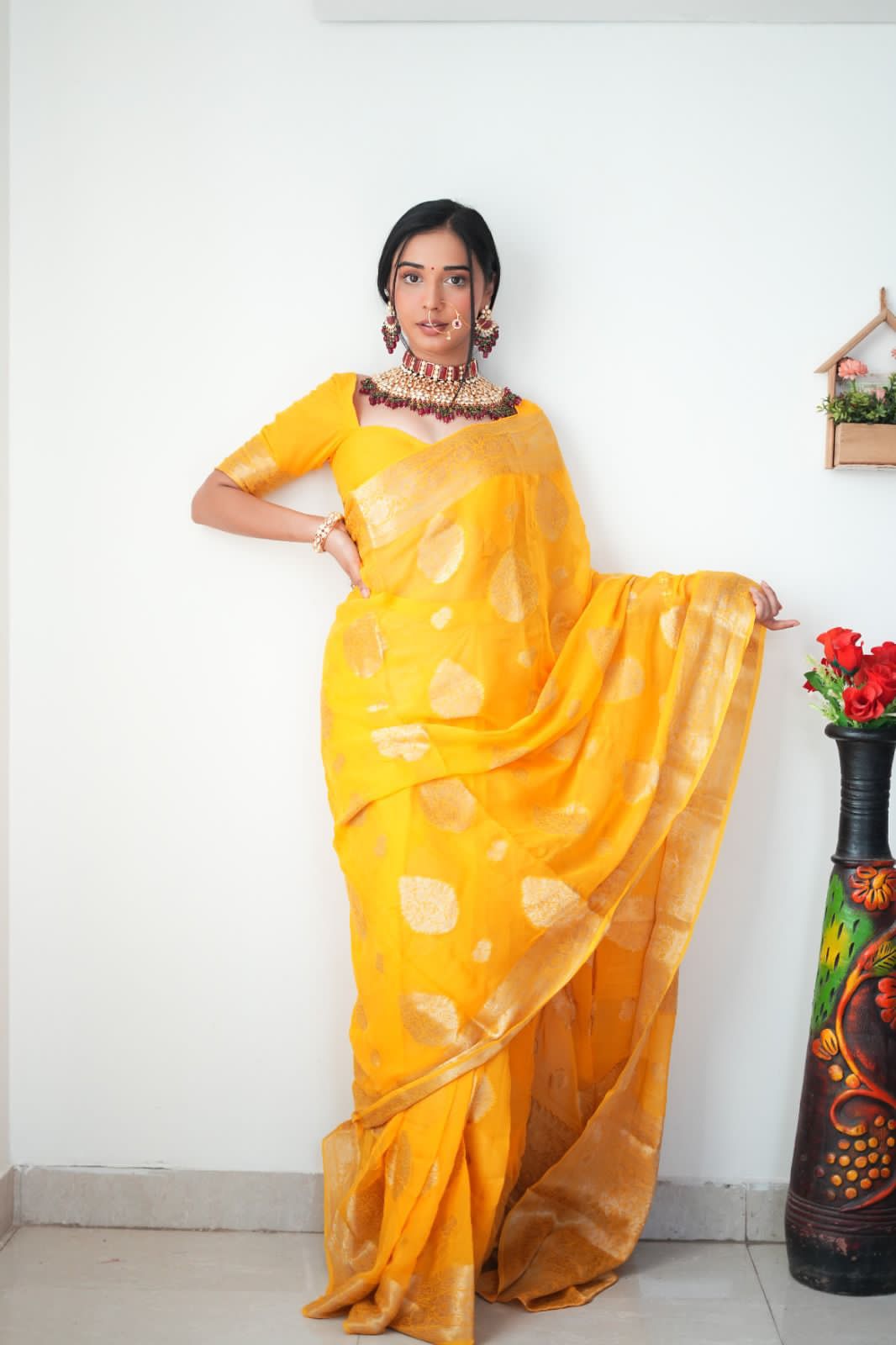 Sizzling 1-Minute Ready To Wear Yellow Cotton Silk Saree - thelotusfab