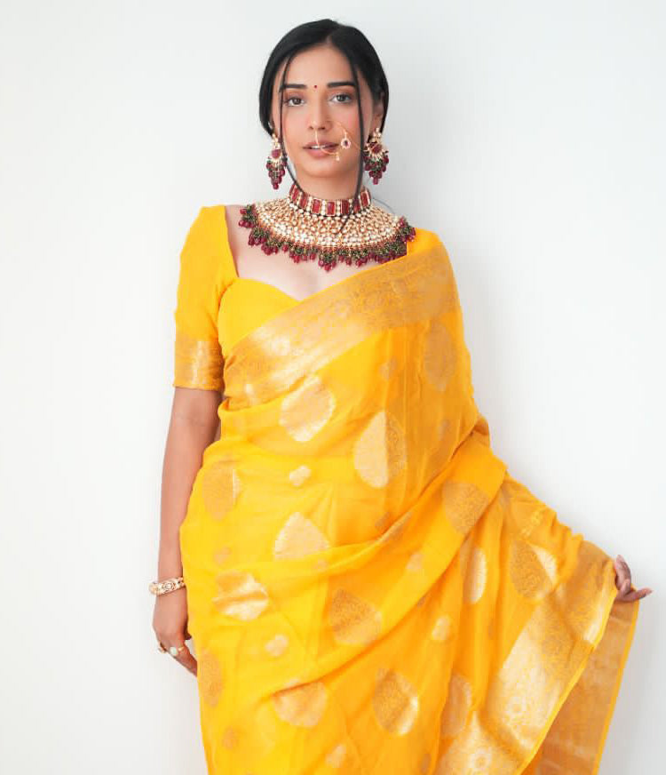 Sizzling 1-Minute Ready To Wear Yellow Cotton Silk Saree - thelotusfab