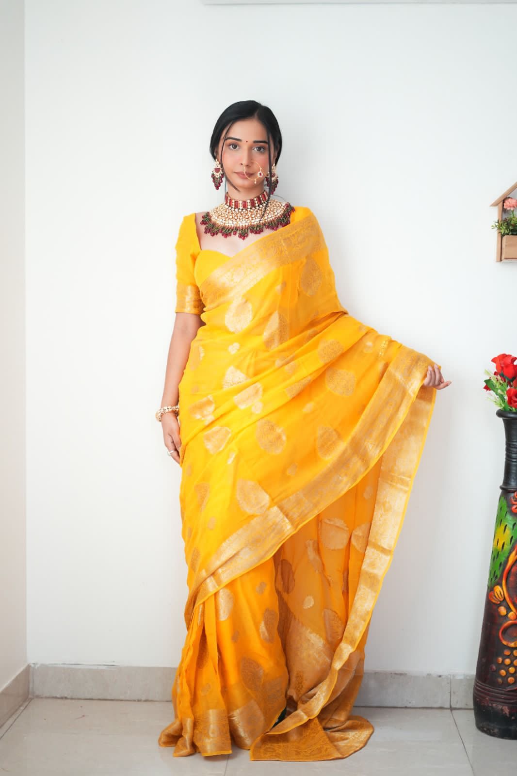 Sizzling 1-Minute Ready To Wear Yellow Cotton Silk Saree - thelotusfab