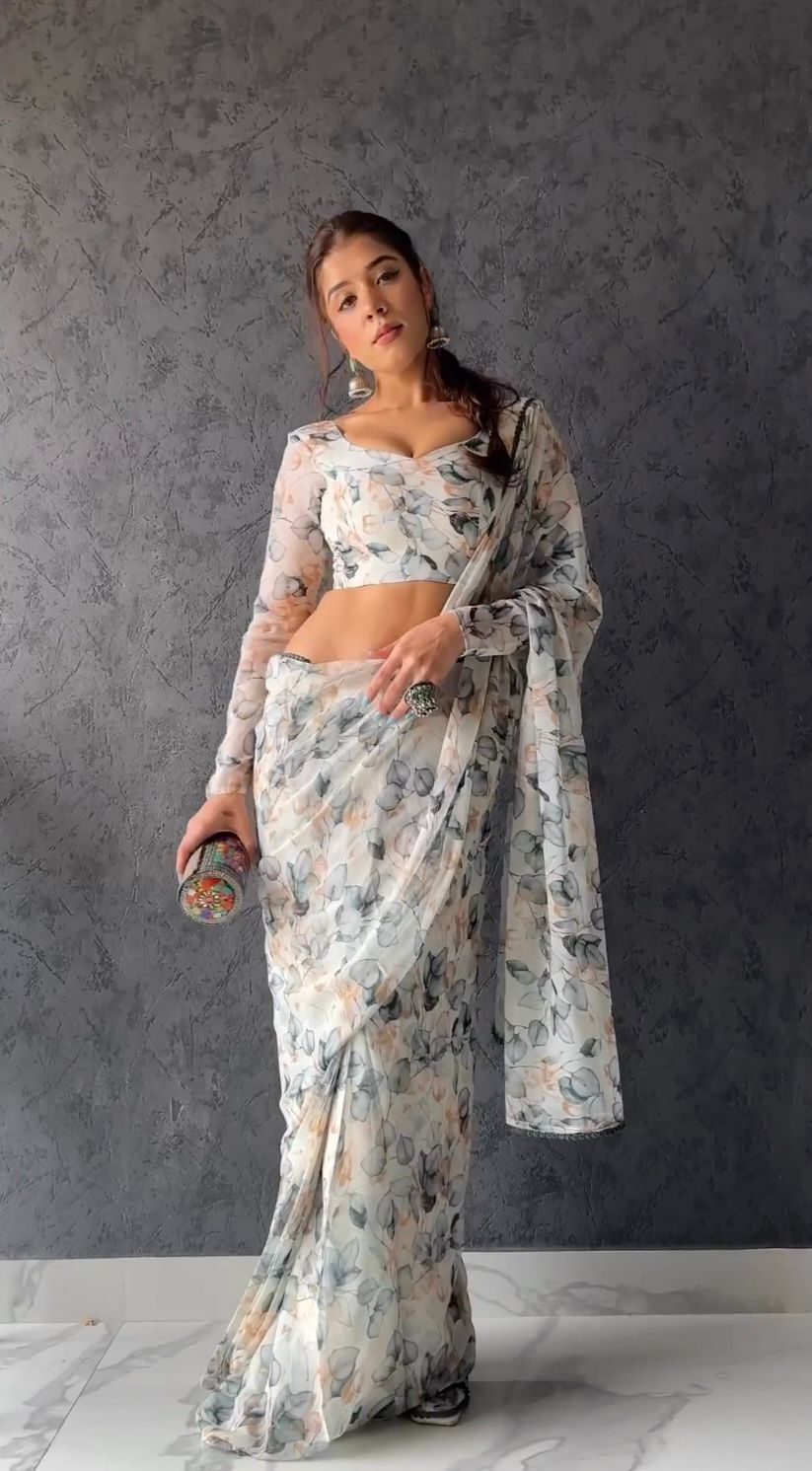 Charming 1-Minute Ready To Wear White Georgette Saree - thelotusfab