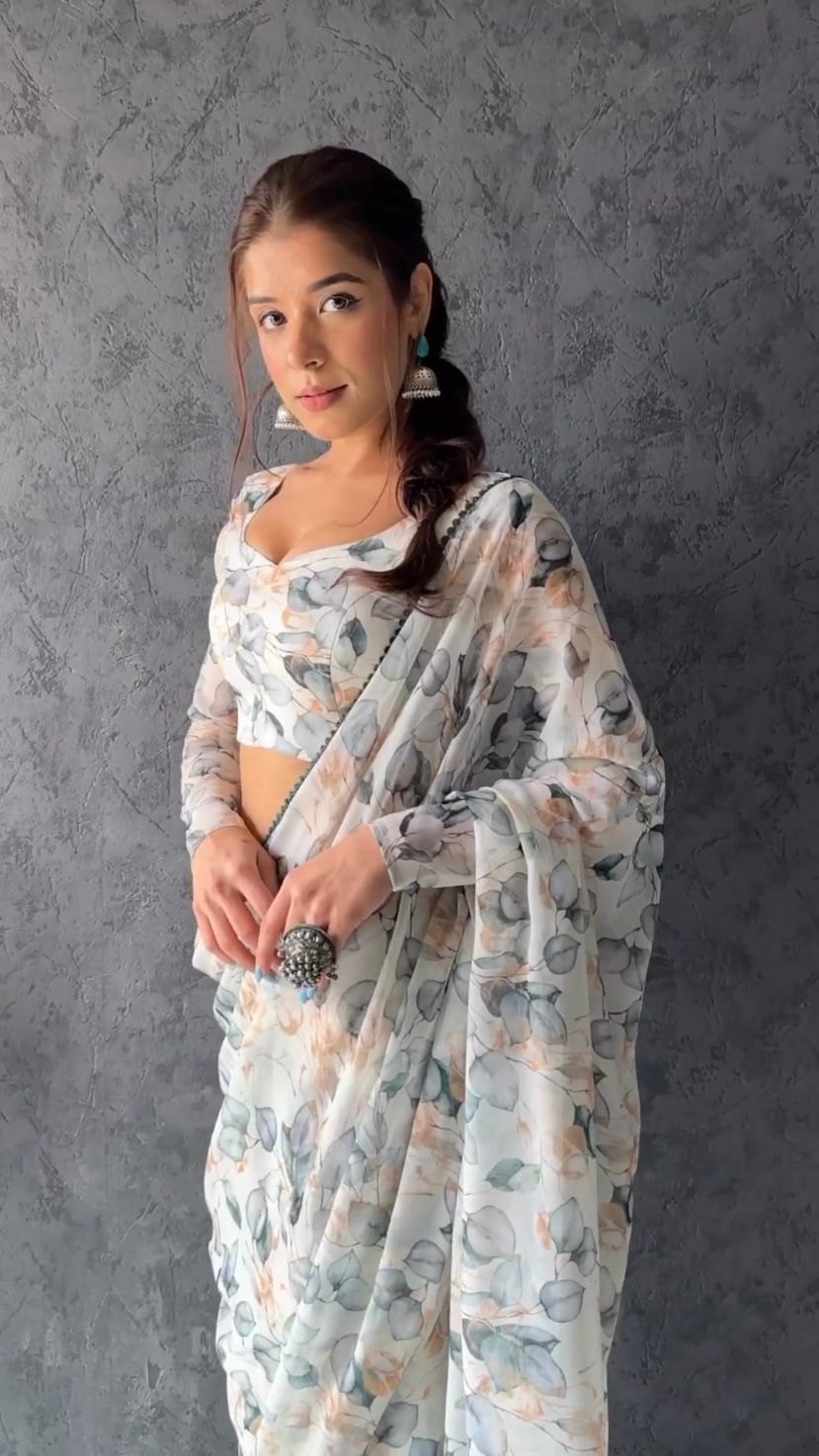 Charming 1-Minute Ready To Wear White Georgette Saree - thelotusfab