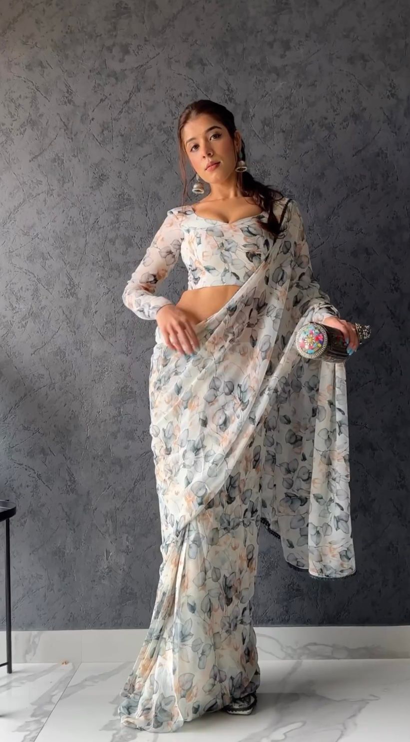 Charming 1-Minute Ready To Wear White Georgette Saree - thelotusfab