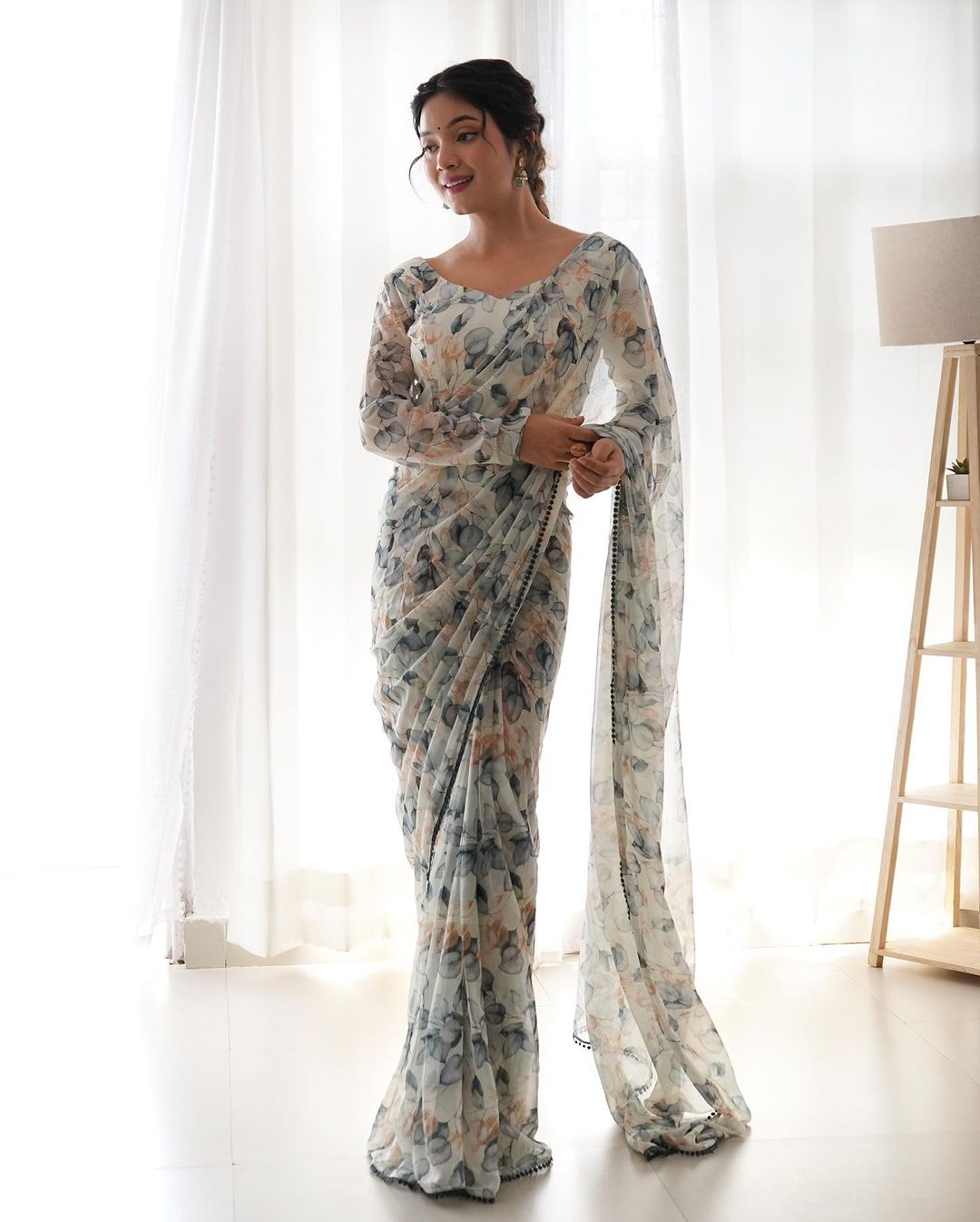 Beautiful 1-Minute Ready To Wear White Georgette Saree - thelotusfab