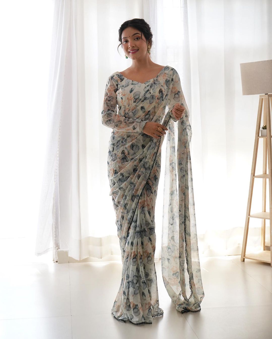 Beautiful 1-Minute Ready To Wear White Georgette Saree - thelotusfab