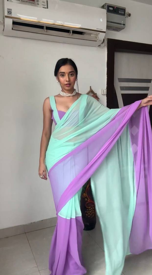 Fairytale 1-Minute Ready To Wear Firozi And Purple Georgette Saree - thelotusfab