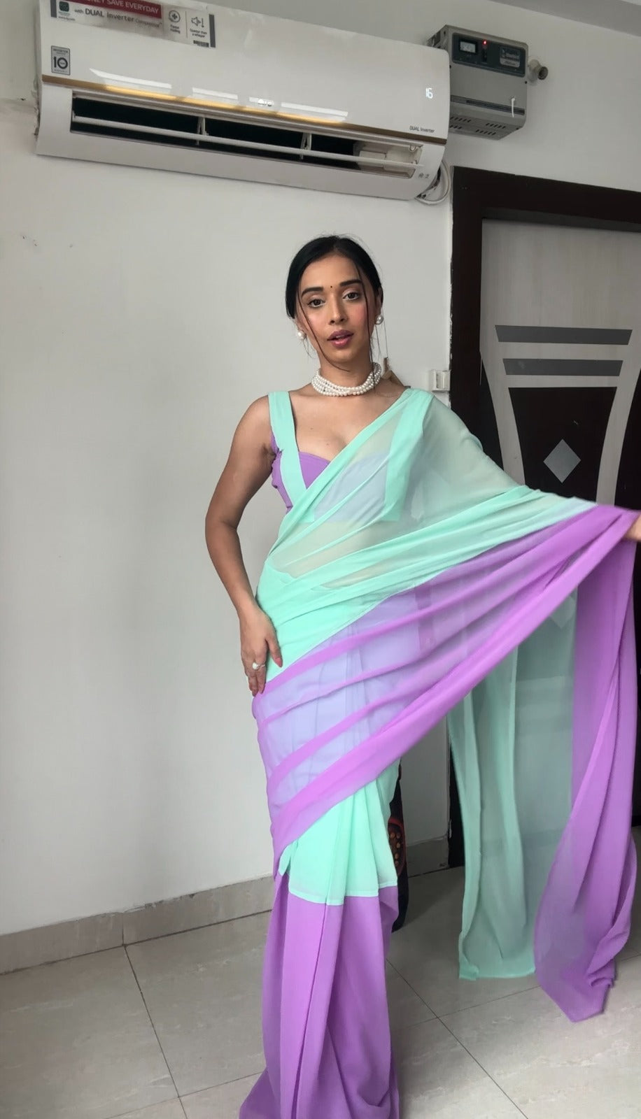 Fairytale 1-Minute Ready To Wear Firozi And Purple Georgette Saree - thelotusfab