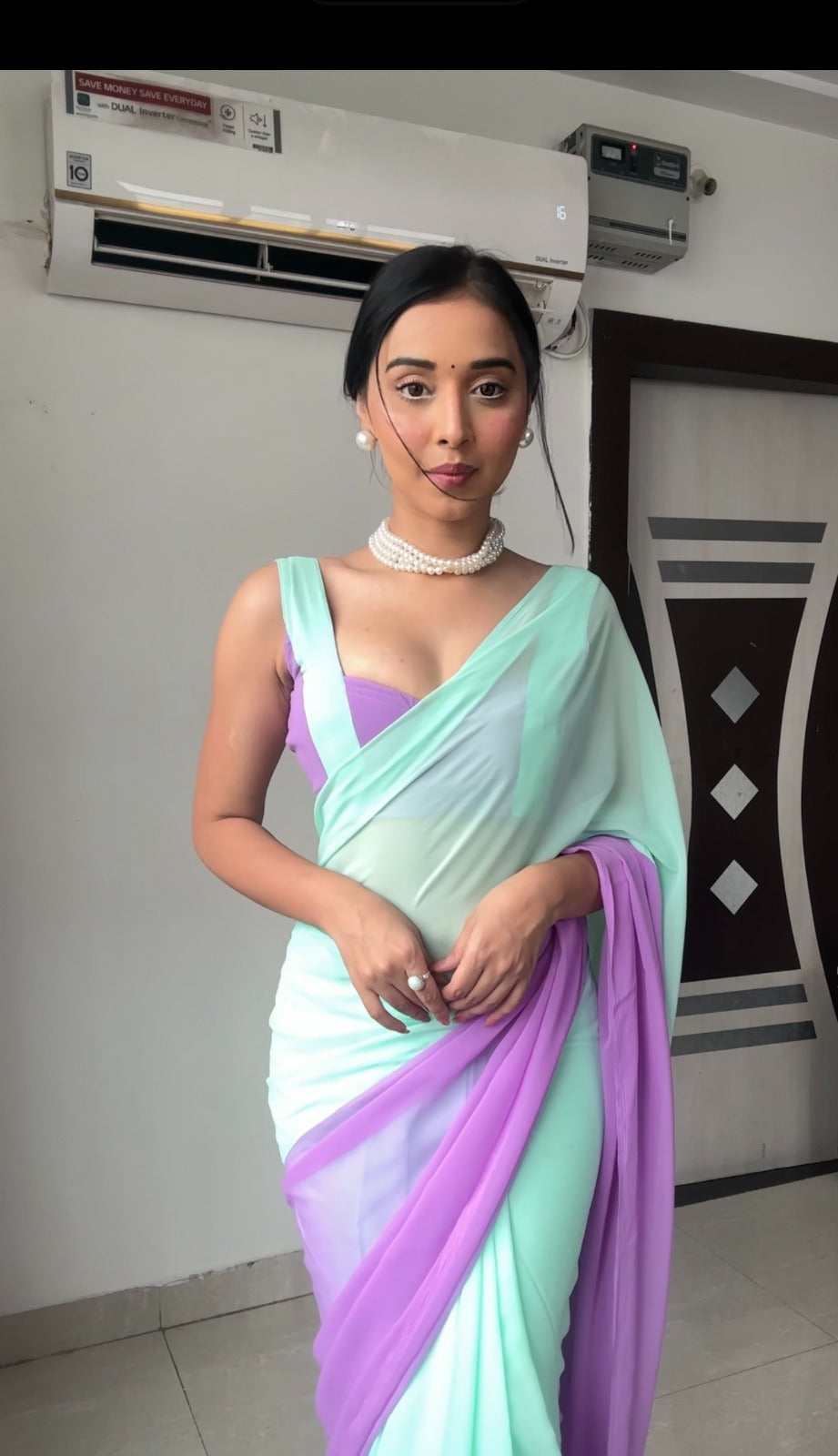 Fairytale 1-Minute Ready To Wear Firozi And Purple Georgette Saree - thelotusfab