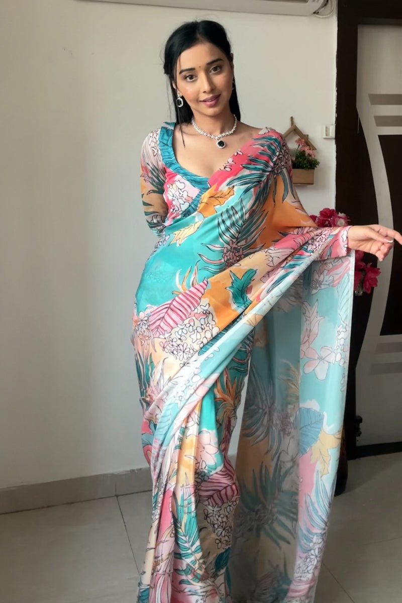 Intricate 1-Minute Ready To Wear Multicolor Printed Georgette Saree - thelotusfab