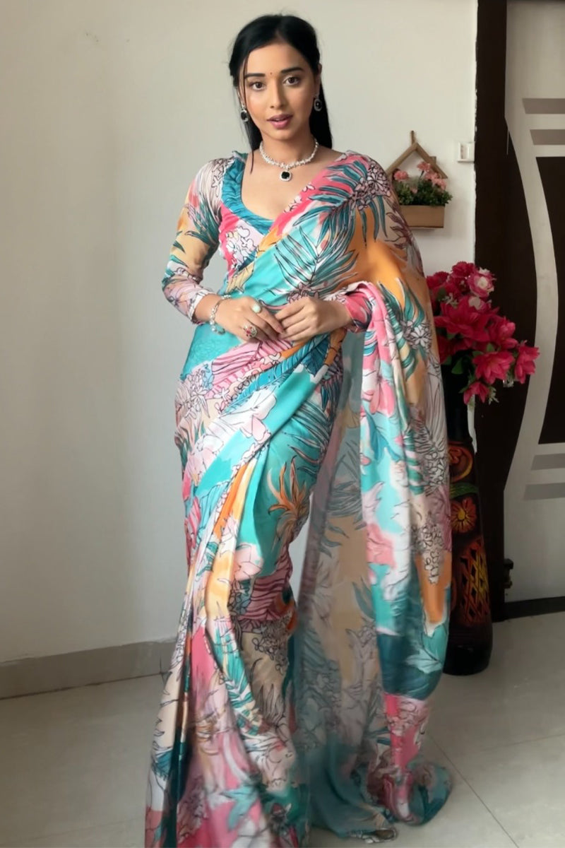 Intricate 1-Minute Ready To Wear Multicolor Printed Georgette Saree - thelotusfab