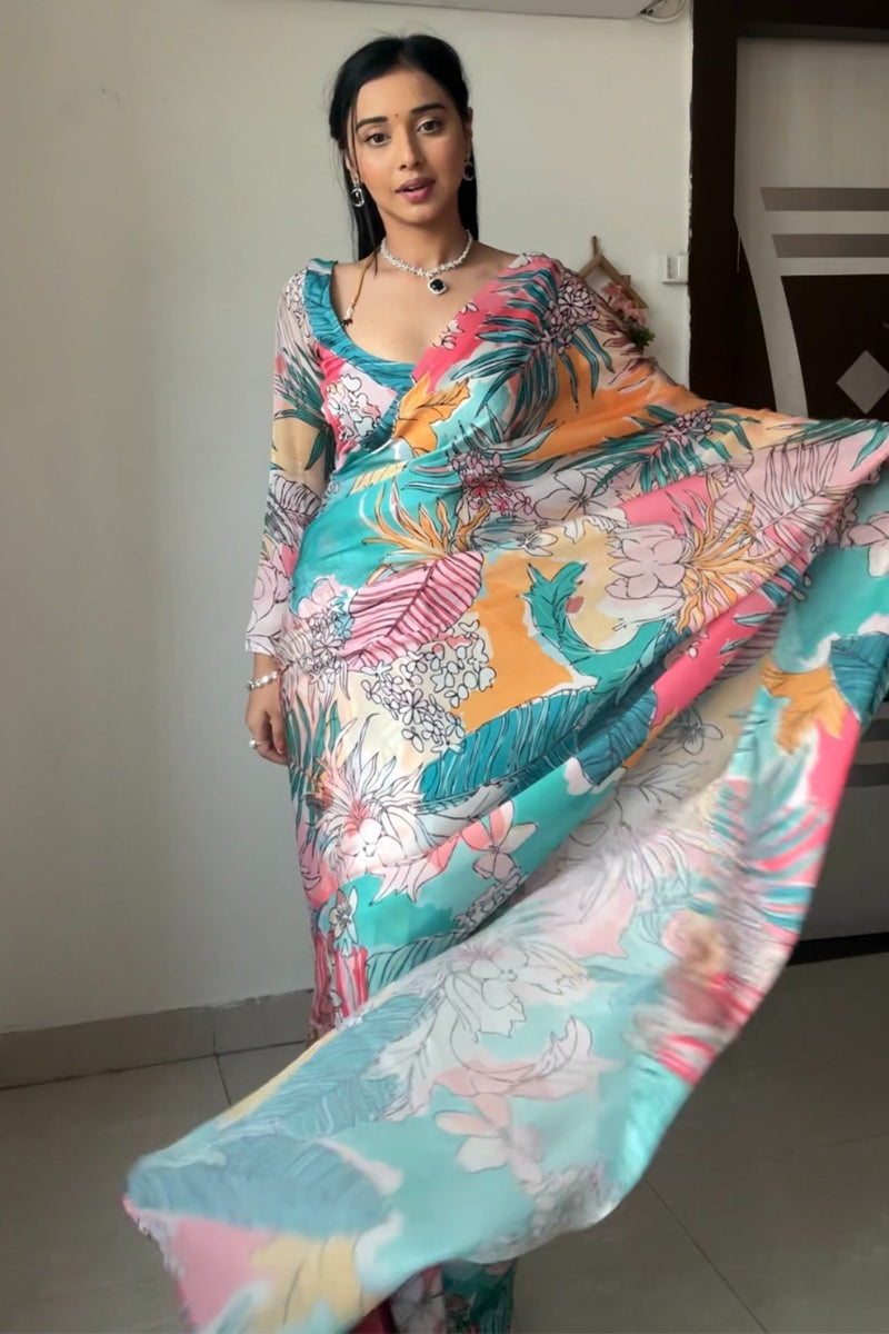 Intricate 1-Minute Ready To Wear Multicolor Printed Georgette Saree - thelotusfab