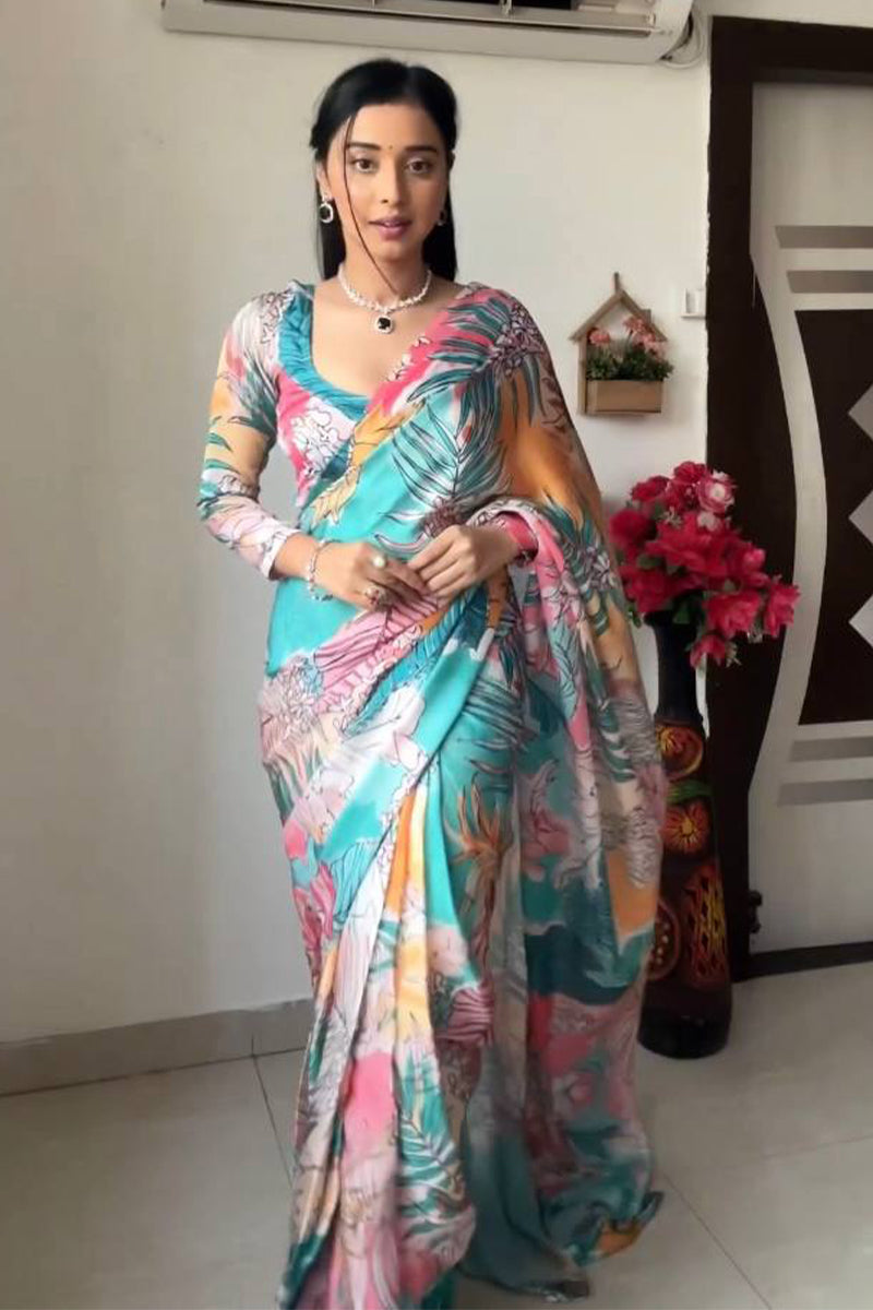 Intricate 1-Minute Ready To Wear Multicolor Printed Georgette Saree - thelotusfab