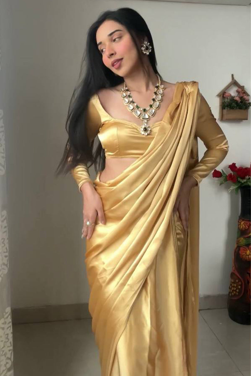 Adorning 1-Minute Ready To Wear Beige Satin Silk Saree - thelotusfab