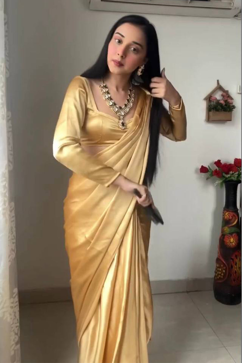 Adorning 1-Minute Ready To Wear Beige Satin Silk Saree - thelotusfab