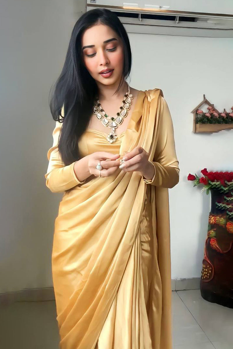 Adorning 1-Minute Ready To Wear Beige Satin Silk Saree - thelotusfab