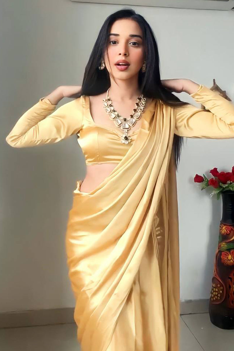 Adorning 1-Minute Ready To Wear Beige Satin Silk Saree - thelotusfab