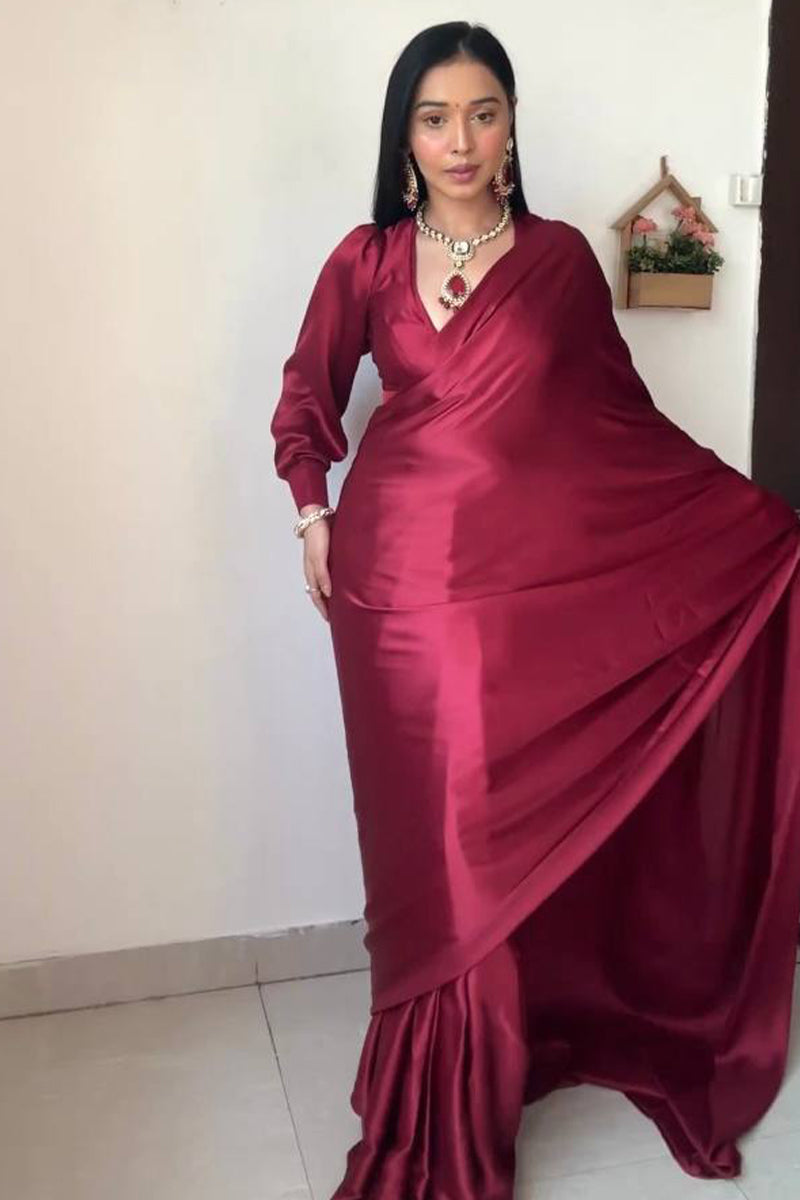 Extraordinary 1-Minute Ready To Wear Dark Pink Satin Silk Saree - thelotusfab