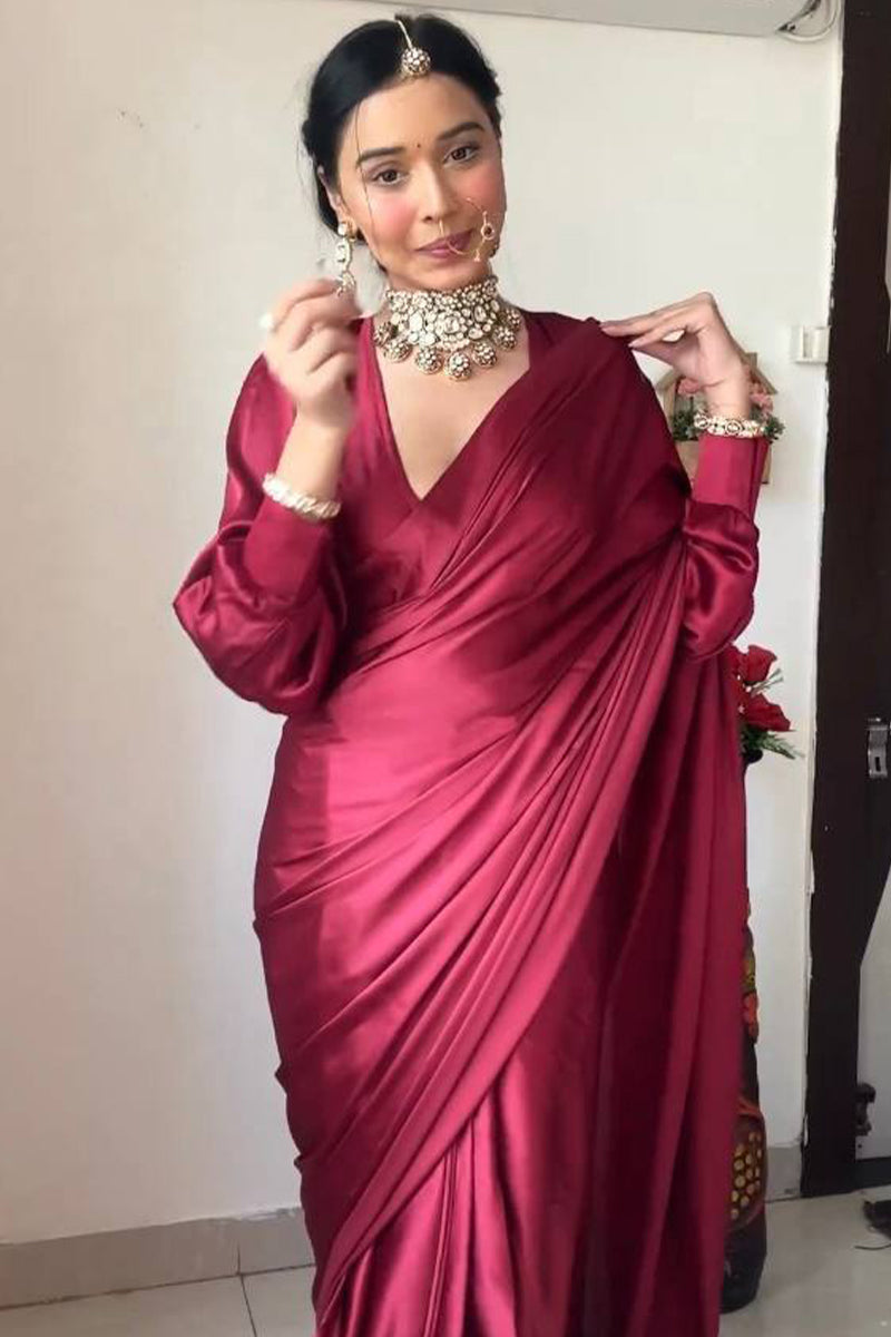 Extraordinary 1-Minute Ready To Wear Dark Pink Satin Silk Saree - thelotusfab