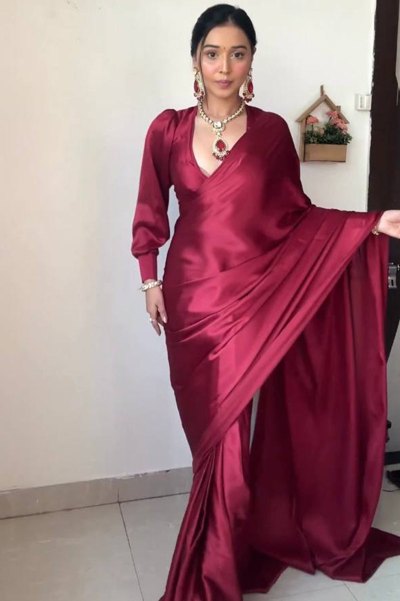 Extraordinary 1-Minute Ready To Wear Dark Pink Satin Silk Saree - thelotusfab