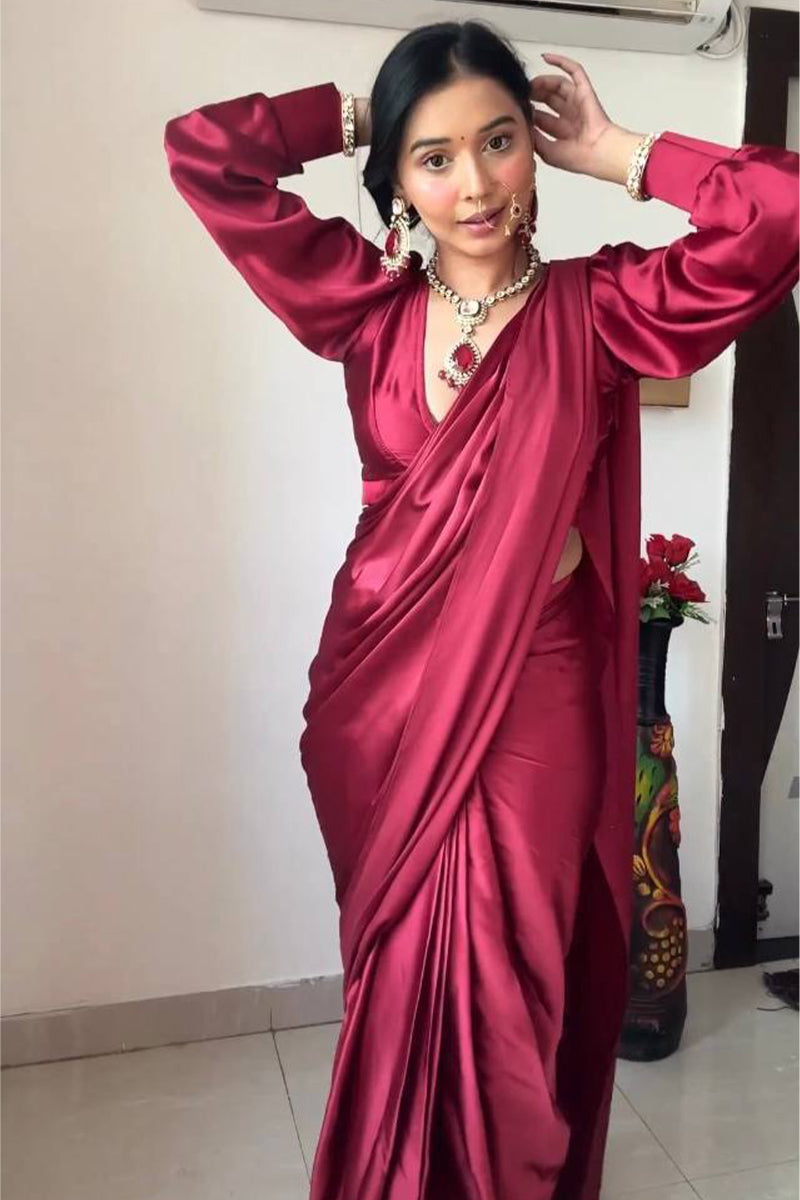 Extraordinary 1-Minute Ready To Wear Dark Pink Satin Silk Saree - thelotusfab