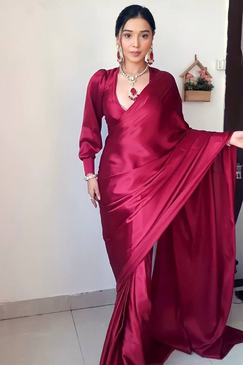 Extraordinary 1-Minute Ready To Wear Dark Pink Satin Silk Saree - thelotusfab