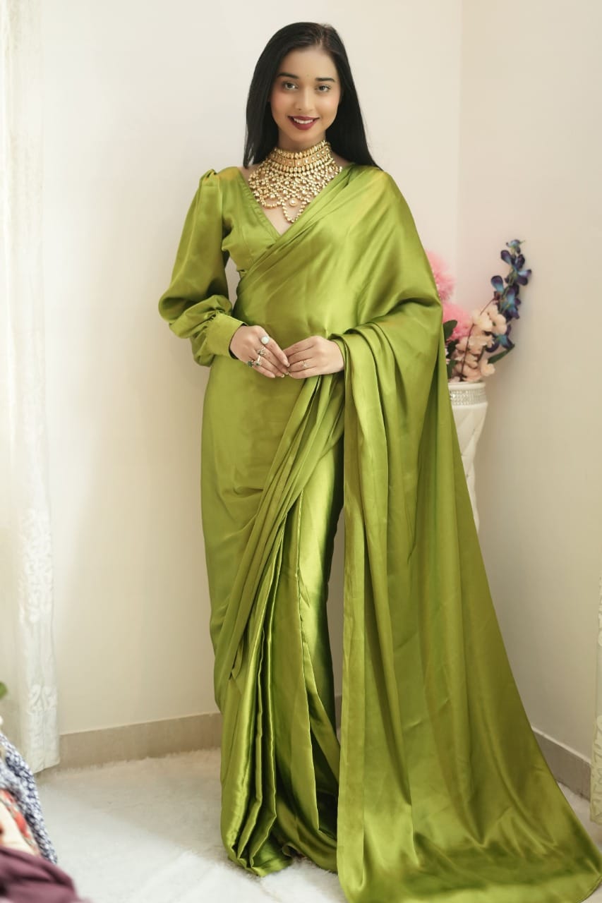 Radiant 1-Minute Ready To Wear Green Satin Silk Saree - thelotusfab