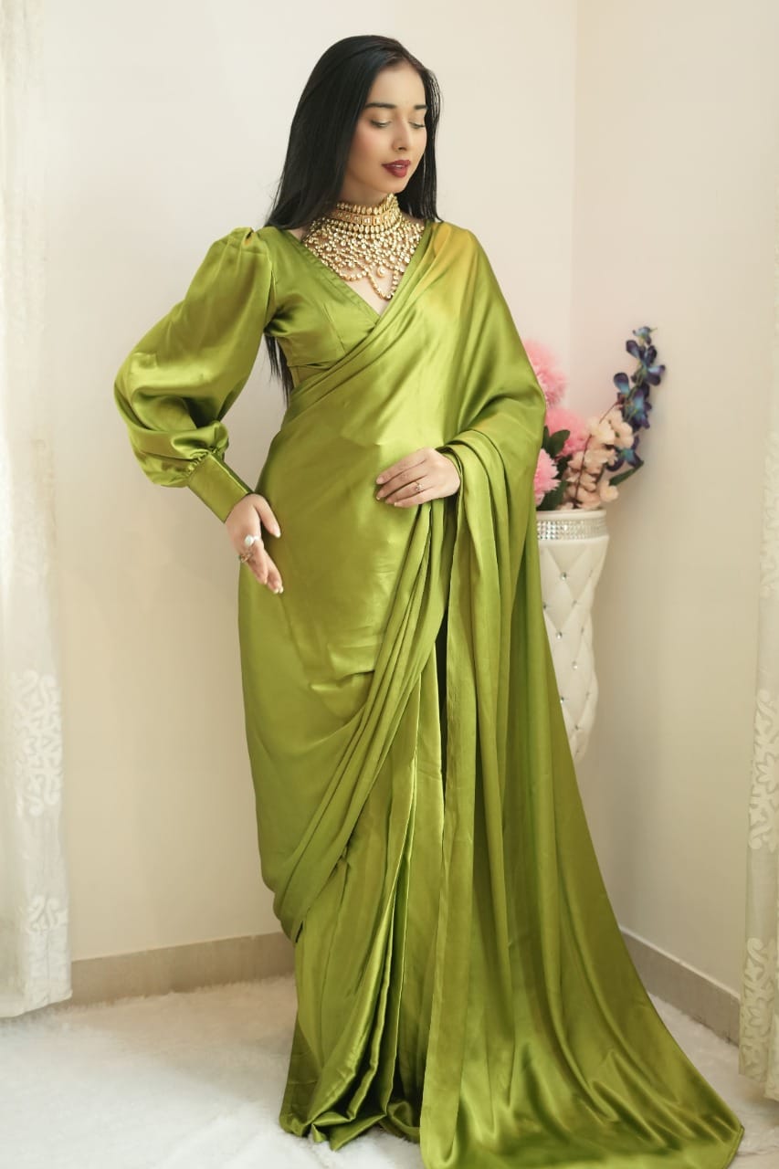 Radiant 1-Minute Ready To Wear Green Satin Silk Saree - thelotusfab