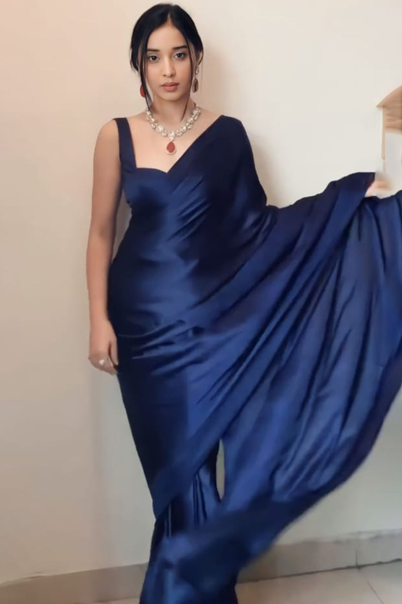 Stunner 1-Minute Ready To Wear Navy Blue Satin Silk Saree - thelotusfab