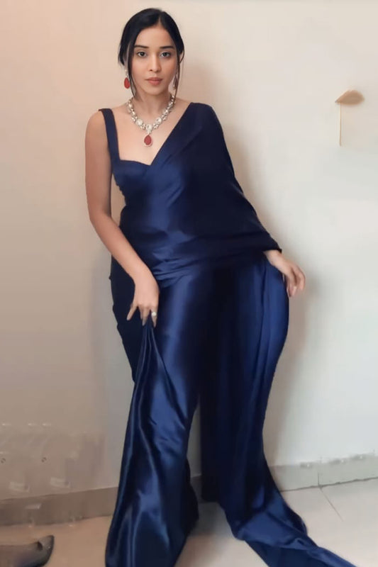 Stunner 1-Minute Ready To Wear Navy Blue Satin Silk Saree - thelotusfab