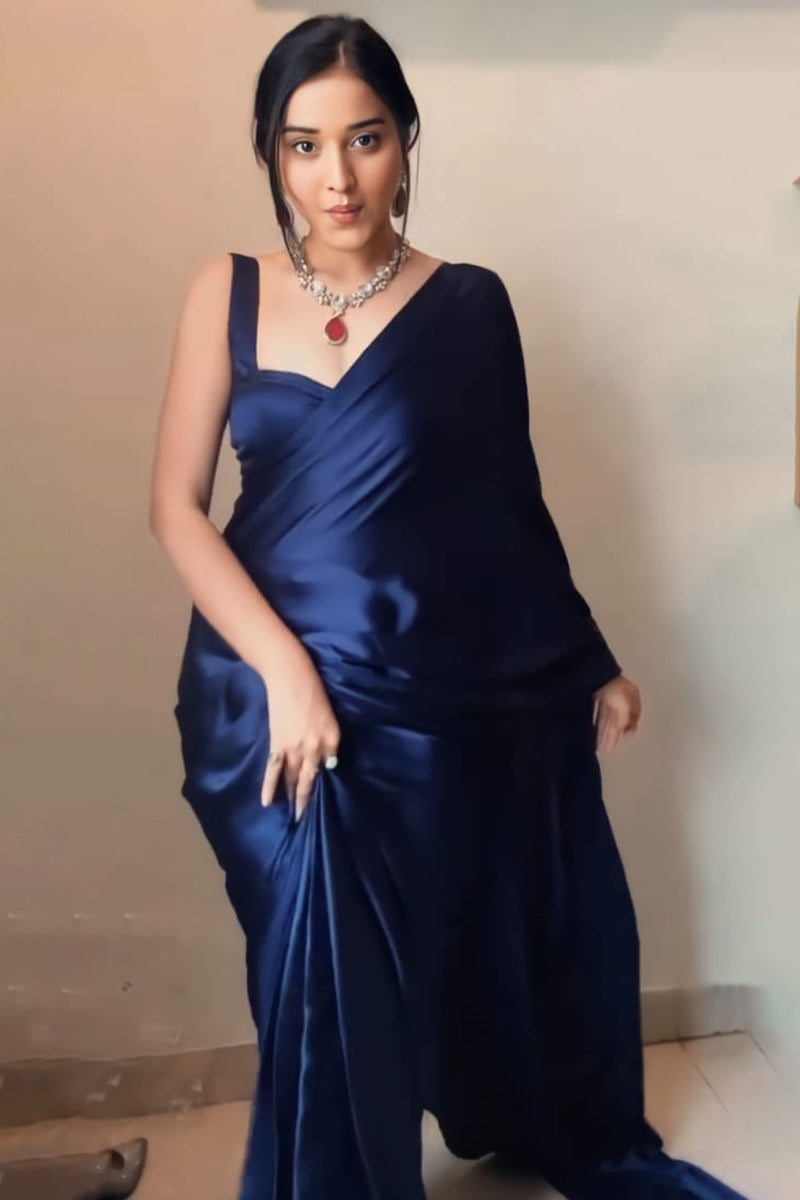 Stunner 1-Minute Ready To Wear Navy Blue Satin Silk Saree - thelotusfab