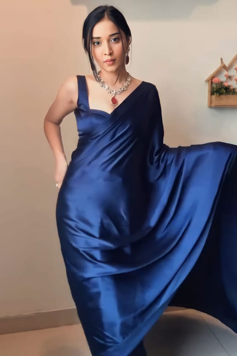 Stunner 1-Minute Ready To Wear Navy Blue Satin Silk Saree - thelotusfab