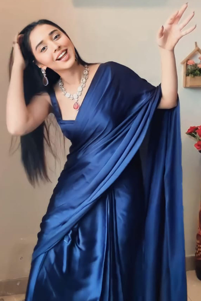 Stunner 1-Minute Ready To Wear Navy Blue Satin Silk Saree - thelotusfab