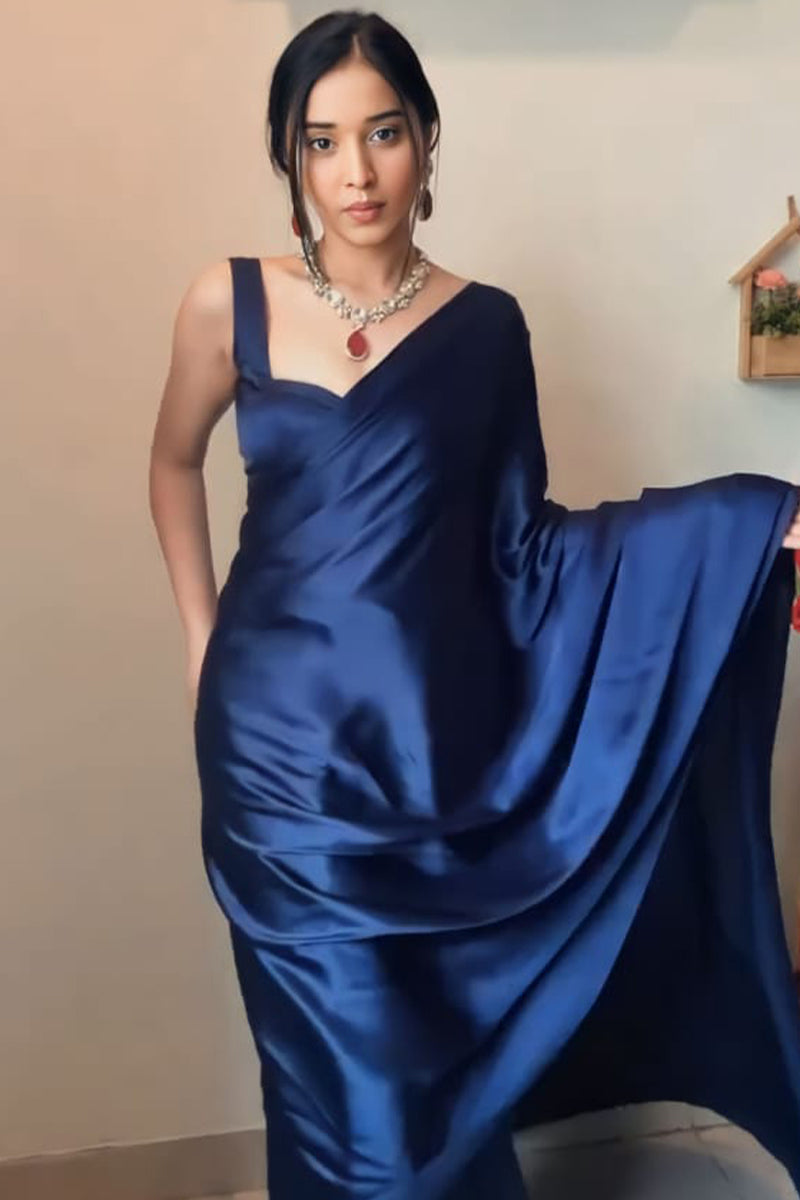 Stunner 1-Minute Ready To Wear Navy Blue Satin Silk Saree - thelotusfab