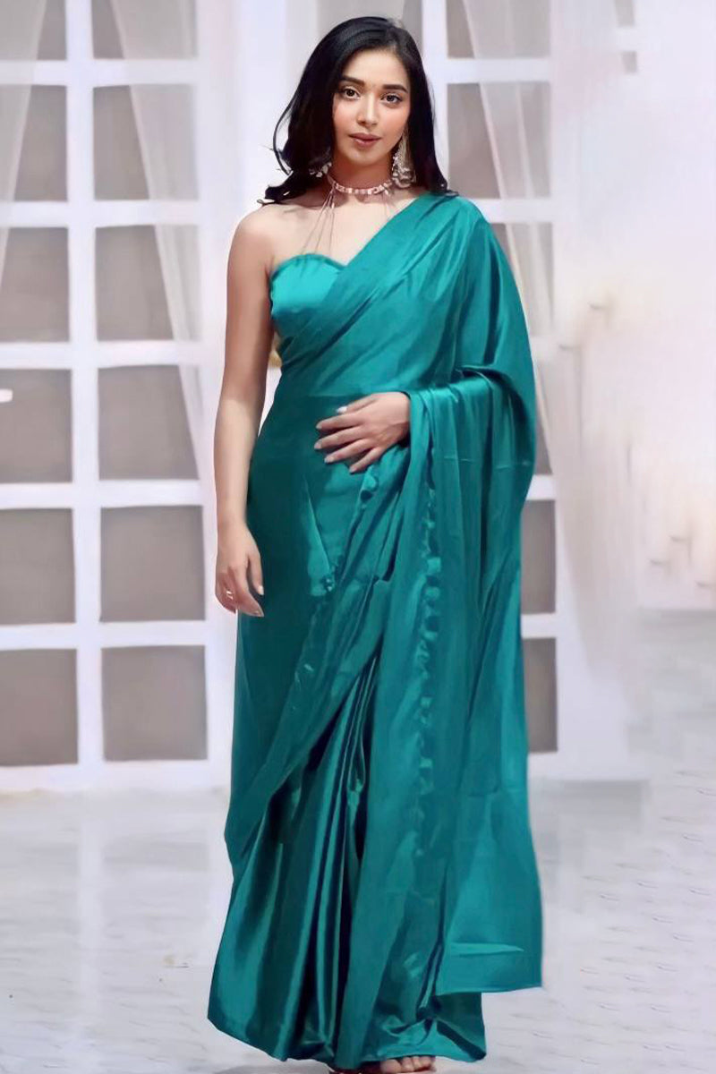 Majesty 1-Minute Ready To Wear Rama Satin Silk Saree - thelotusfab